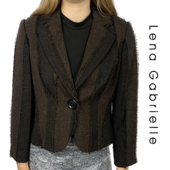 Lena Gabrielle Vintage Two-Toned Brown Frayed Cropped Blazer - Size 10 - Picture 1 of 12